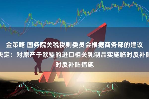 金策略 国务院关税税则委员会根据商务部的建议作出决定：对原产于欧盟的进口相关乳制品实施临时反补贴措施